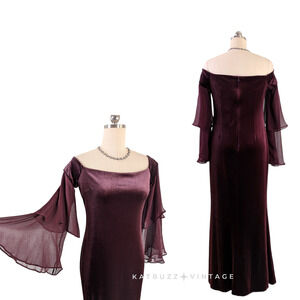 Teri Jon Velvet Maxi Dress Gown 12 Red Burgundy Glam Goth Silk Off Shoulder